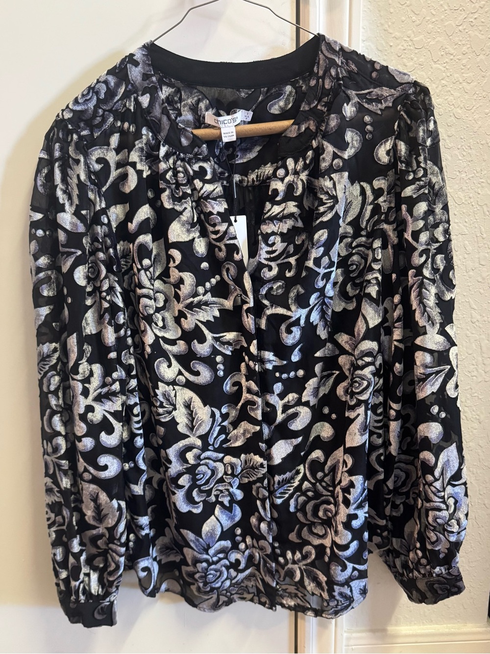 NWT Chico's Black Blouse with Silver Floral Metallic Print